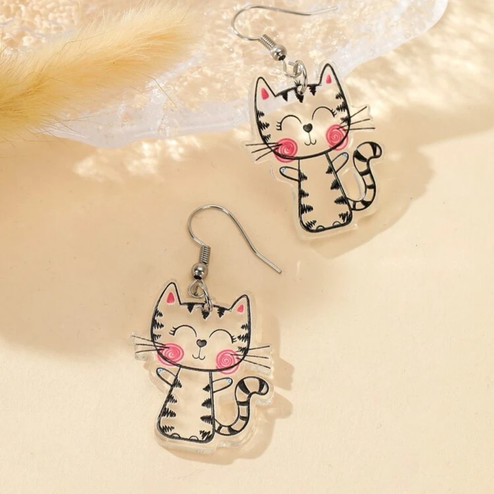 π Adorable Large Kitty Cat Line Drawn Scribble Clear Drop Earrings πββ¬ - Picture 2 of 4